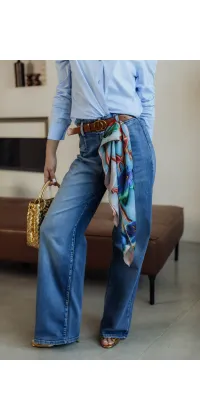 Французькі джинси палаццо з поясом із преміальної екошкіри, насичений синій денім, одяг від Jador