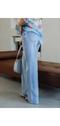 Французькі джинси з зав’язками, прямий крій, висока посадка, класичний блакитний денім, одяг від Jador