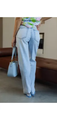 Французькі джинси з блискітками по штанинах, прямий крій, висока посадка, класичний блакитний денім, одяг від Jador