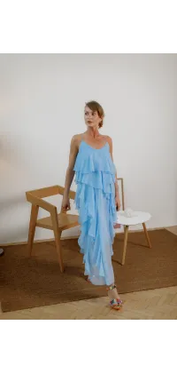 Сукня IMPERIAL — блакитна, з воланами та відкритою спиною, одяг від Jador