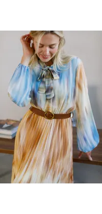 Плісирована сукня з акварельним принтом та бантом на комірі, одяг від Jador