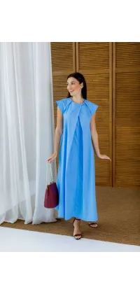 Сукня міді без рукавів з обʼємними складками у кольорі небесної блакиті, одяг від Jador