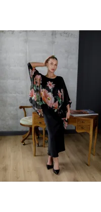  Простора блуза з 100% натурального італійського шовку з квітковим принтом — у кольорах: шоколад та чорний, одяг від Jador