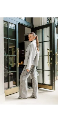 Сірий вовняний жакет прямого силуету з вкороченим кроєм і акцентними гудзиками., одяг від Jador