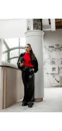 Прямі штани з преміальної французької екошкіри з високою посадкою та акцентним поясом., одяг від Jador