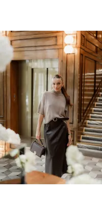 Спідниця з екошкіри з поясом – гіркий шоколад, одяг від Jador