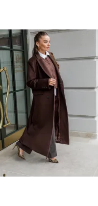 Двобортне пальто класичного крою в глибокому відтінку гарячого шоколаду., одяг від Jador