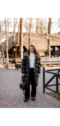 Французький пуховик довгий із капюшоном — чорний, одяг від Jador