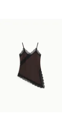 Сатиновий топ асиметричного крою з мереживом у глибокому шоколадному відтінку., одяг від Jador