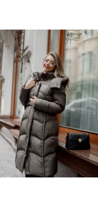 Жіночий пуховик з поясом. Колір: Сірий