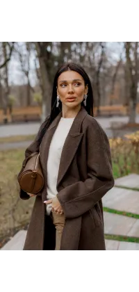 Пальто жіноче довге з поясом, шоколадний відтінок, одяг від Jador