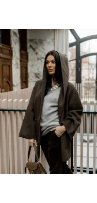 Жіноче пальто з капюшоном з натуральної вовни, шоколадний колір, одяг від Jador