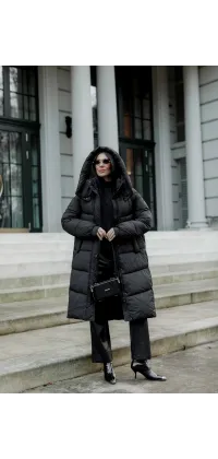 Жіночий зимовий подовжений пуховик з капюшоном, наповнення холофайбер, колір чорний, одяг від Jador