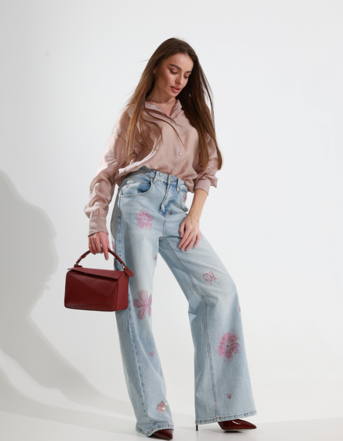 Джинси wide leg з квітковим декором