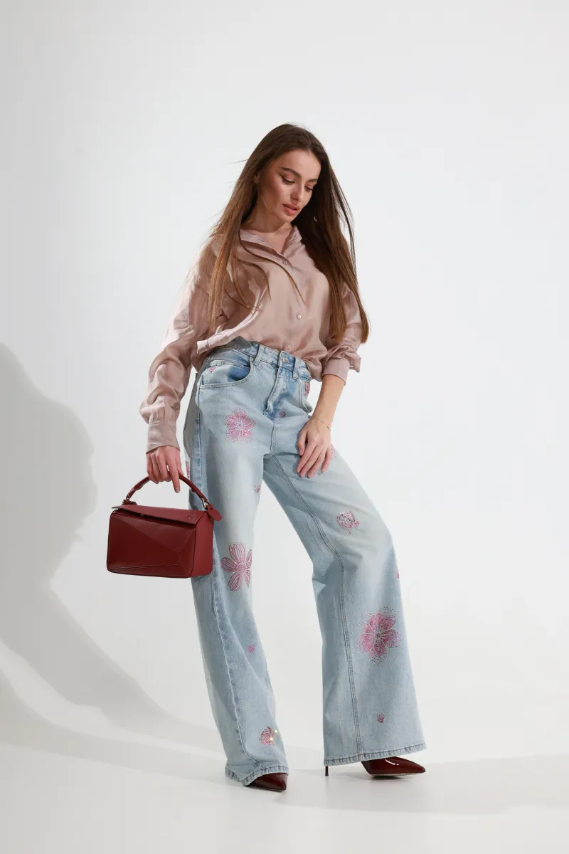 Джинси wide leg з квітковим декором