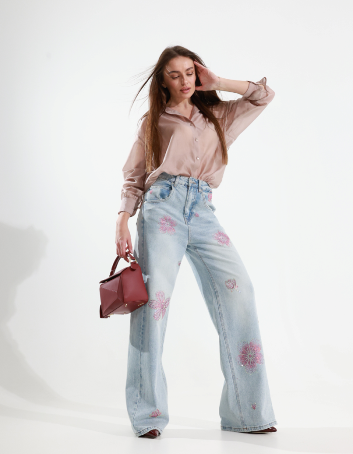 Джинси wide leg з квітковим декором