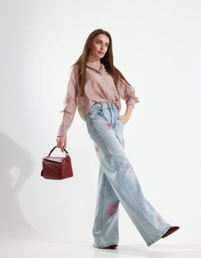 Джинси wide leg з квітковим декором
