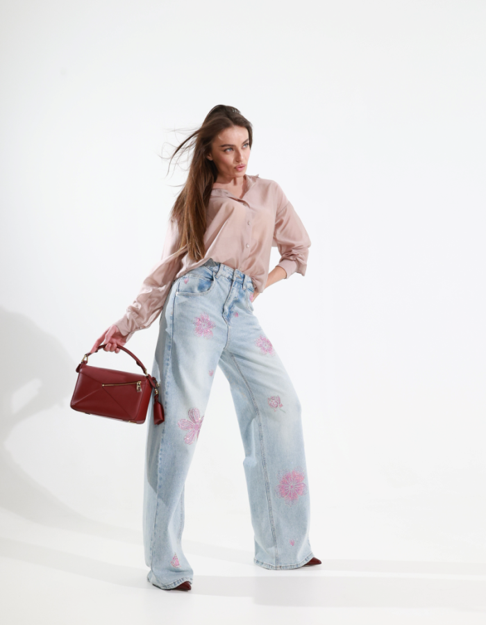 Джинси wide leg з квітковим декором