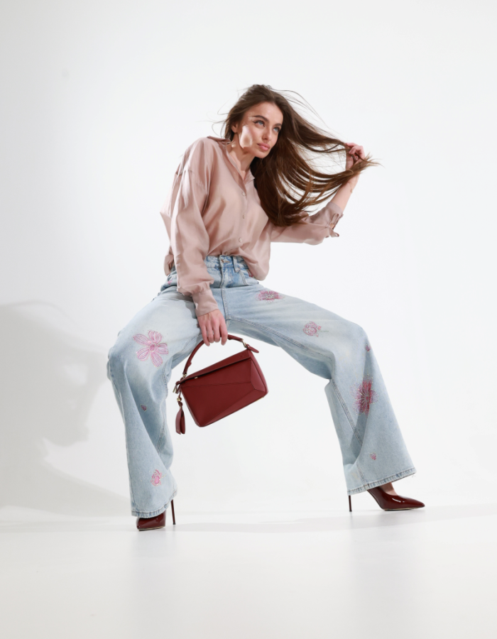 Джинси wide leg з квітковим декором