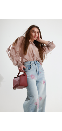 Джинси wide leg з квітковим декором, зображення