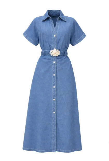 Сукня джинсова міді з поясом та ґудзиками