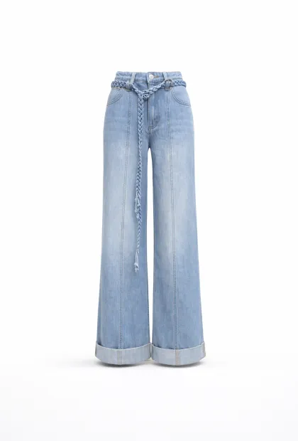 Джинси прямого крою у блакитному відтінку з плетеним поясом