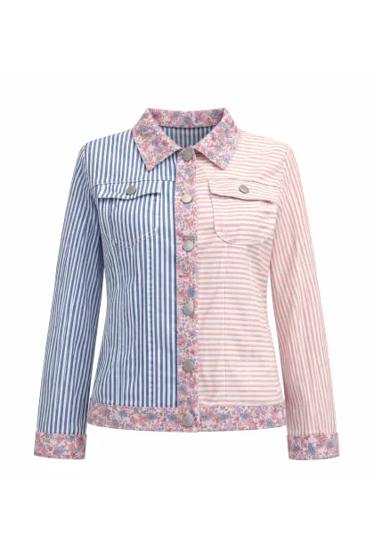 Джинсова куртка у смужку з квітковими вставками