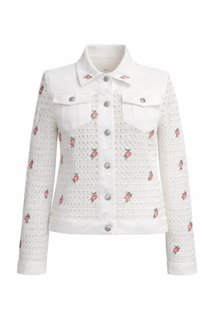Біла джинсова куртка з мереживом та вишивкою