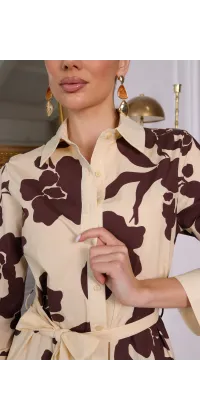 Сукня-сорочка міді з квітковим принтом. Колір: Бежевий