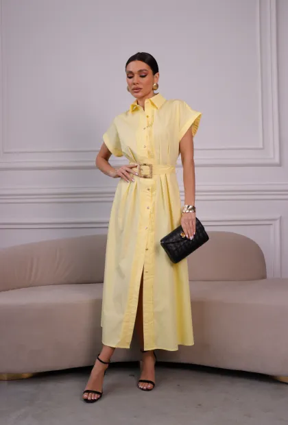 Сукня-сорочка міді з поясом у лимонному відтінку