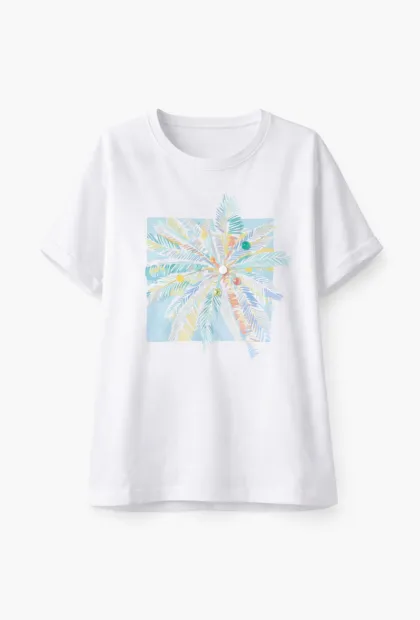 Біла футболка з принтом в блакитних відтінках