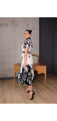 Котонова сукня-сорочка міді з принтом чорно-біла. Доступні розміри: M, L, XL