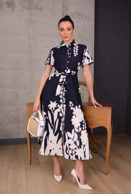 Котонова сукня-сорочка міді з принтом чорно-біла