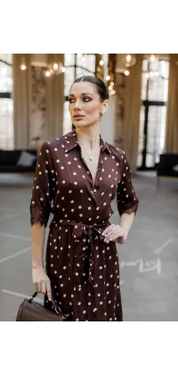 Сукня міді шоколадна в горох, одяг від Jador