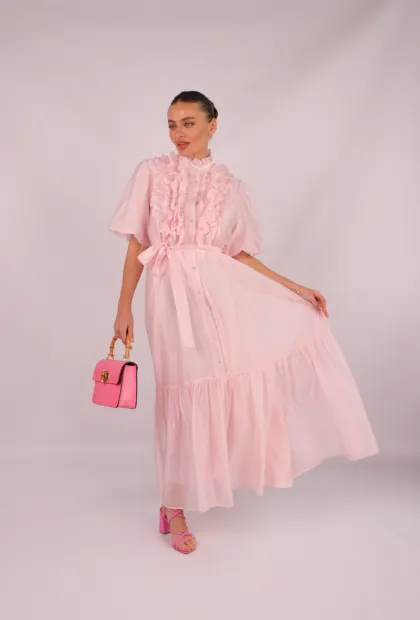 Сукня міді з рюшами рожева