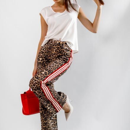 Джинси вільного крою з леопардовим принтом і додатковими червоними та білими смужками від французьких виробників з високою посадкою., одяг від Jador