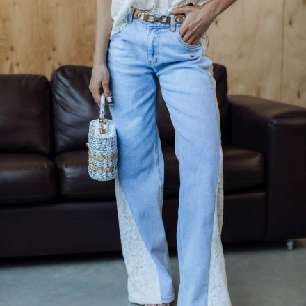 Французькі джинси палаццо з флорентійським мереживом, насичений блакитний денім