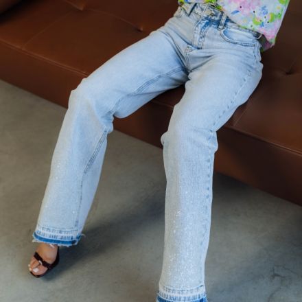 Французькі джинси з блискітками по штанинах, прямий крій, висока посадка, класичний блакитний денім