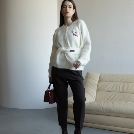 Мохеровий жіночий кардиган з паском в стилі Thom Browne