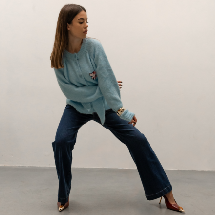 Блакитний мохеровий кардиган. Доступні розміри: tu