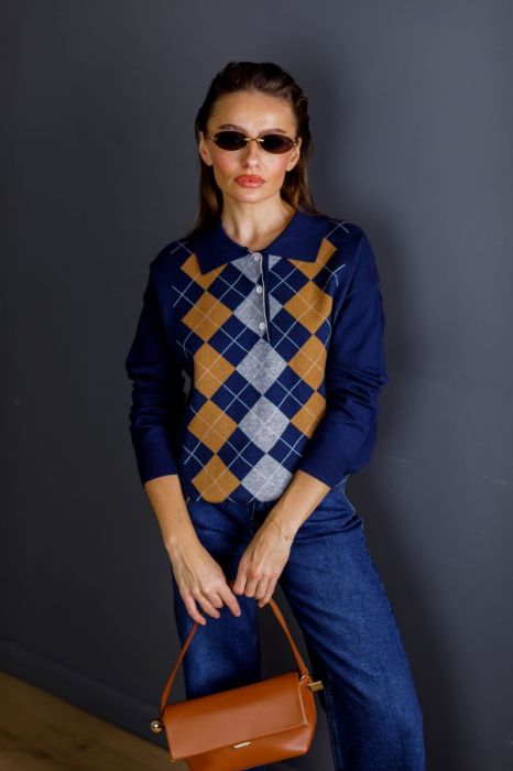 Трикотажний светр-поло з геометричним візерунком фото